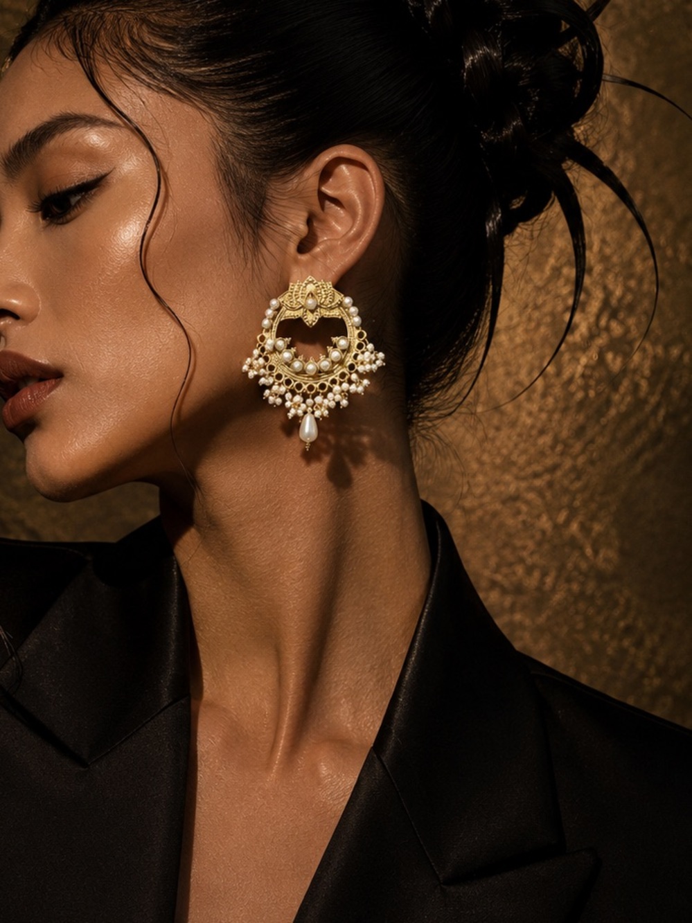Gold Pearl Chandbali Earrings with White Pearls - Women Jewelry